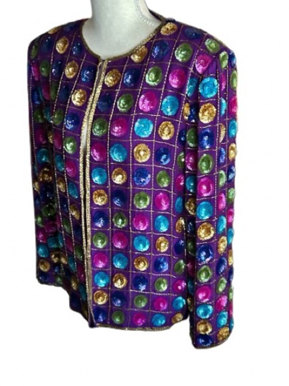 Vintage Silk & Sequins PARISIAN NIGHTS Open Jacket Multi Colored Polka Dots